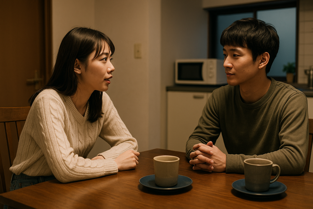 ダイニングテーブル越しに、勇気を出して話しかける20代女性と男性カップル