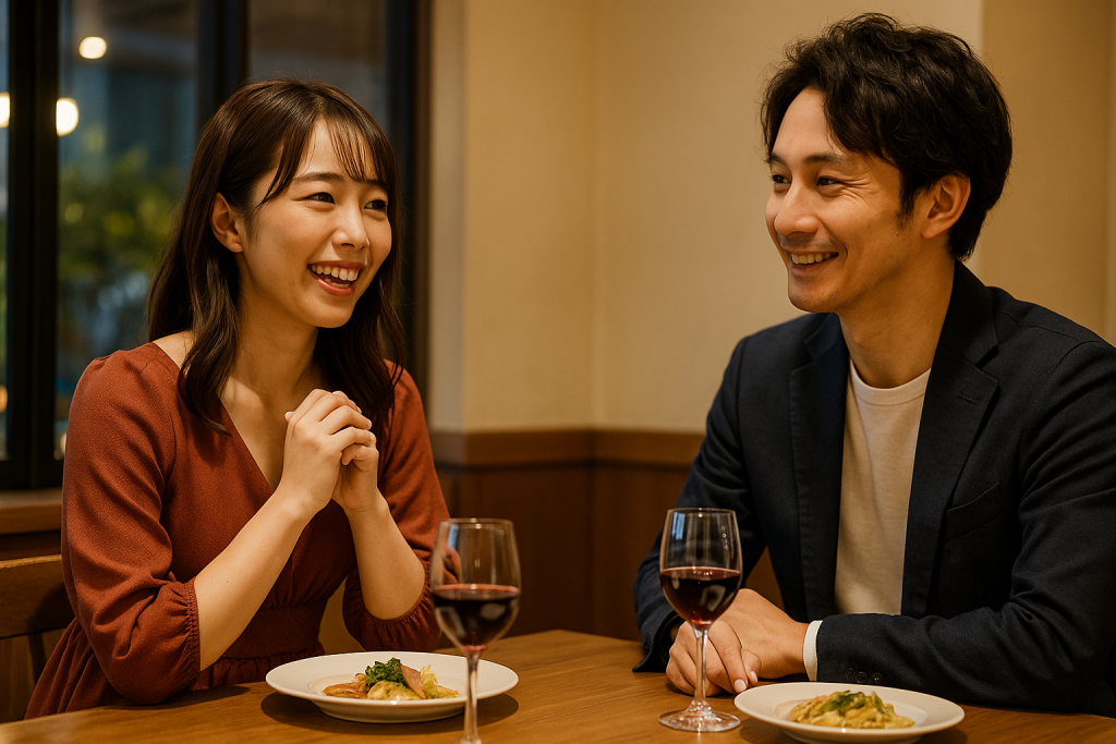 レストランでワンピース姿の女性が明るく会話し、ジャケット姿の男性が笑顔で聞いているシーン