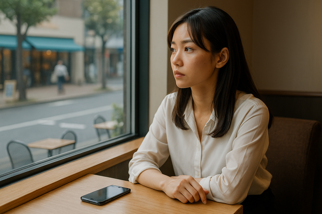 カフェの窓際でスマホを前に置き、外を眺めて考え込む20代日本人女性。疑い・好奇心・迷いが表情に浮かぶ。
