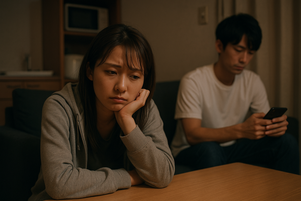 夜のアパートで沈黙するカップル。女性は寂しげな表情でテーブルに肘をつき、彼氏はスマホを見ている