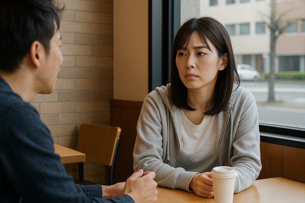 ファーストフード店で男性の話を聞きながら、疑念や観察のまなざしを向ける日本人女性