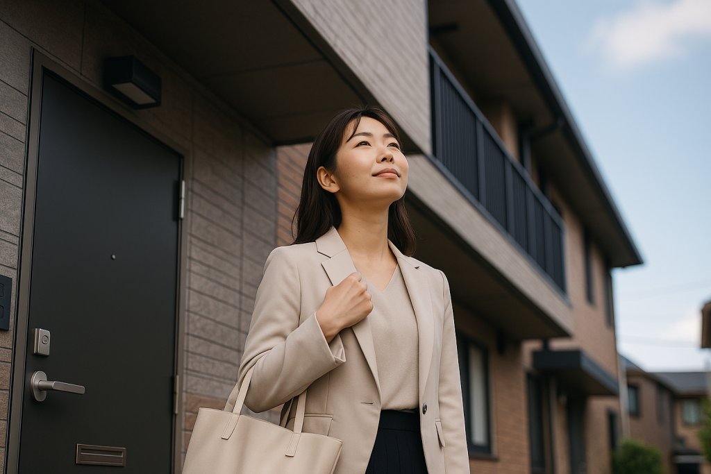 朝のアパートの前で、決意の表情で空を見上げる女性。ジャケットとスカート姿で、これから未来へ一歩踏み出そうとしている