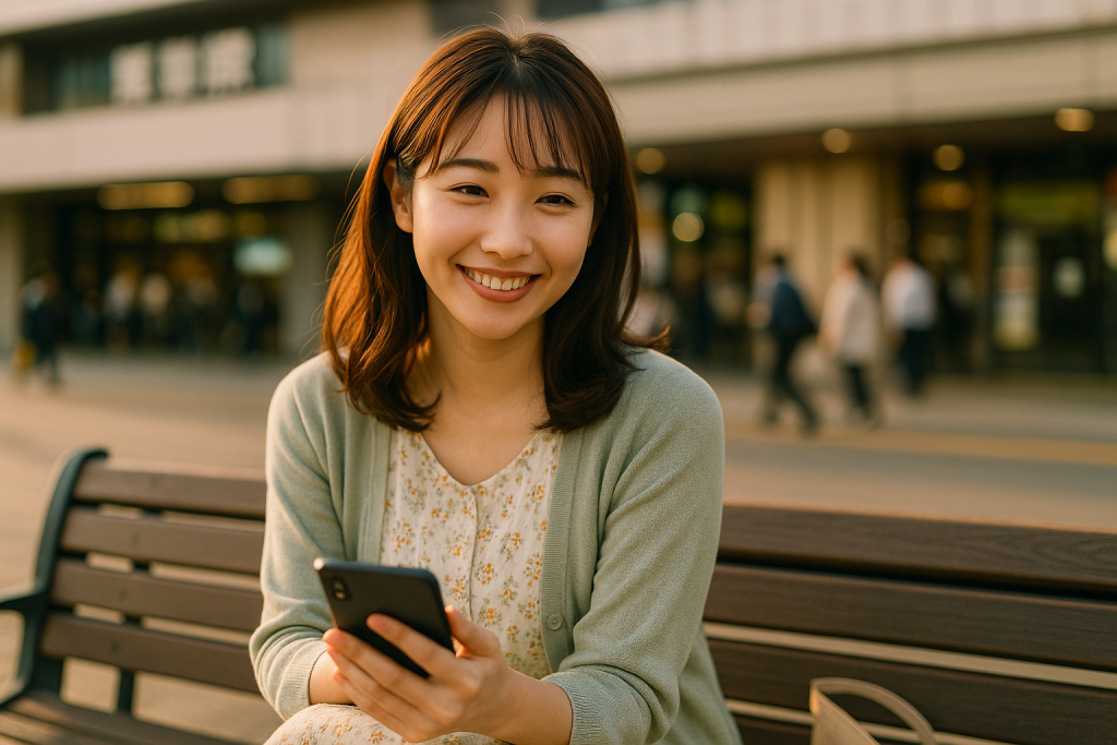 夕方の駅前ベンチで、春らしいワンピースにカーディガンを羽織った女性がスマホを持って微笑んでいる。背景には駅ビルと行き交う人々。