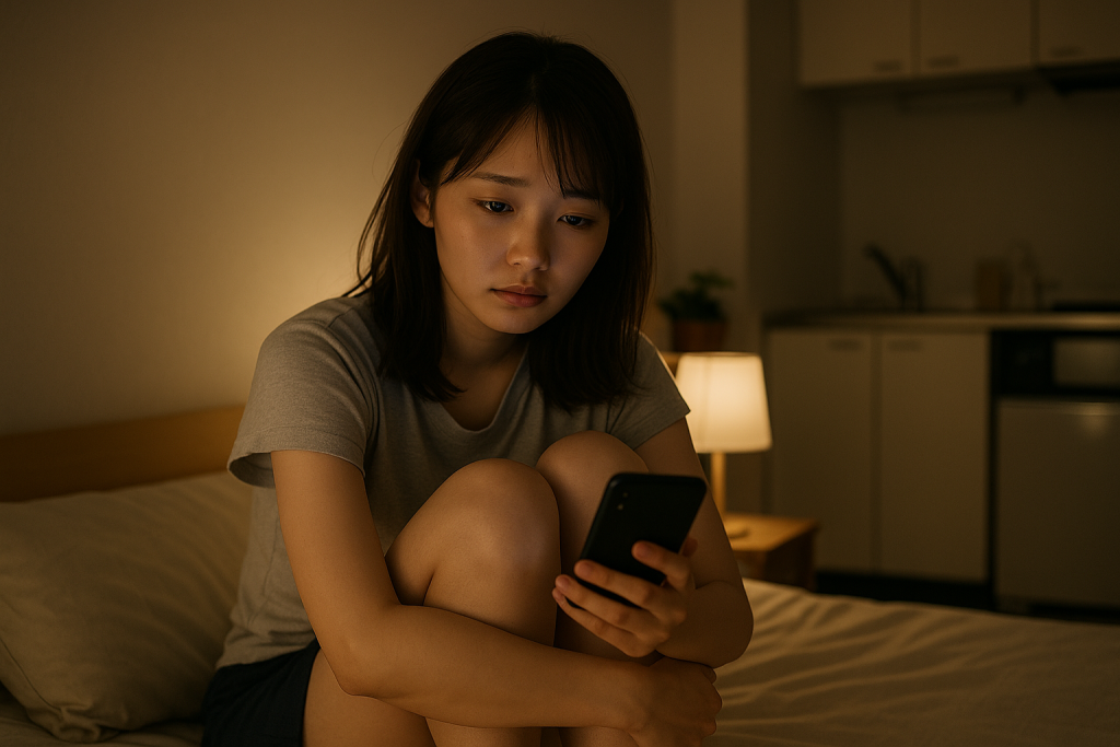 夜の築10年アパートで、一人スマホを見つめながらベッドに座る20代日本人女性。切なさと不安が混じる表情。