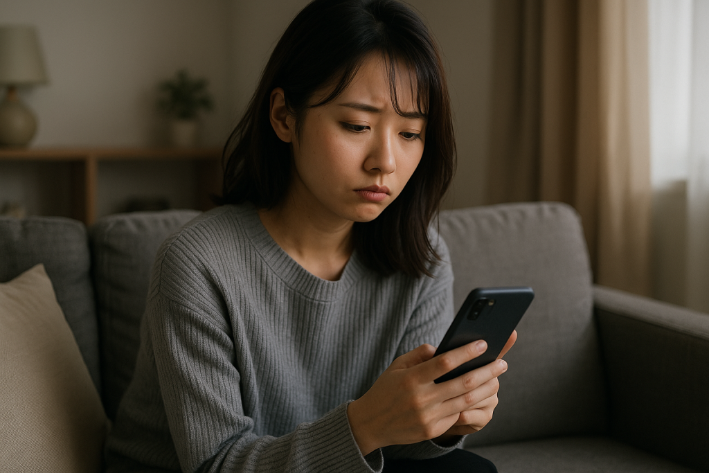 一人暮らしの女性が部屋でスマホを見つめ、切なさと不安を感じている様子