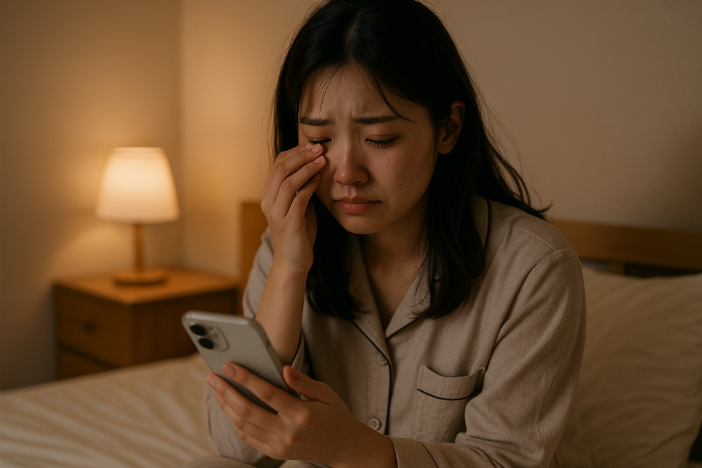 寝室でベッドに座り、スマホを見つめて涙ぐむ20代女性