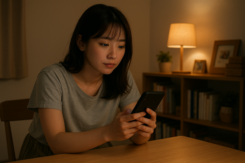夜の部屋で、テーブルの上でスマホを見つめる部屋着の日本人女性。奥に本や雑貨、間接照明が灯る落ち着いた雰囲気。