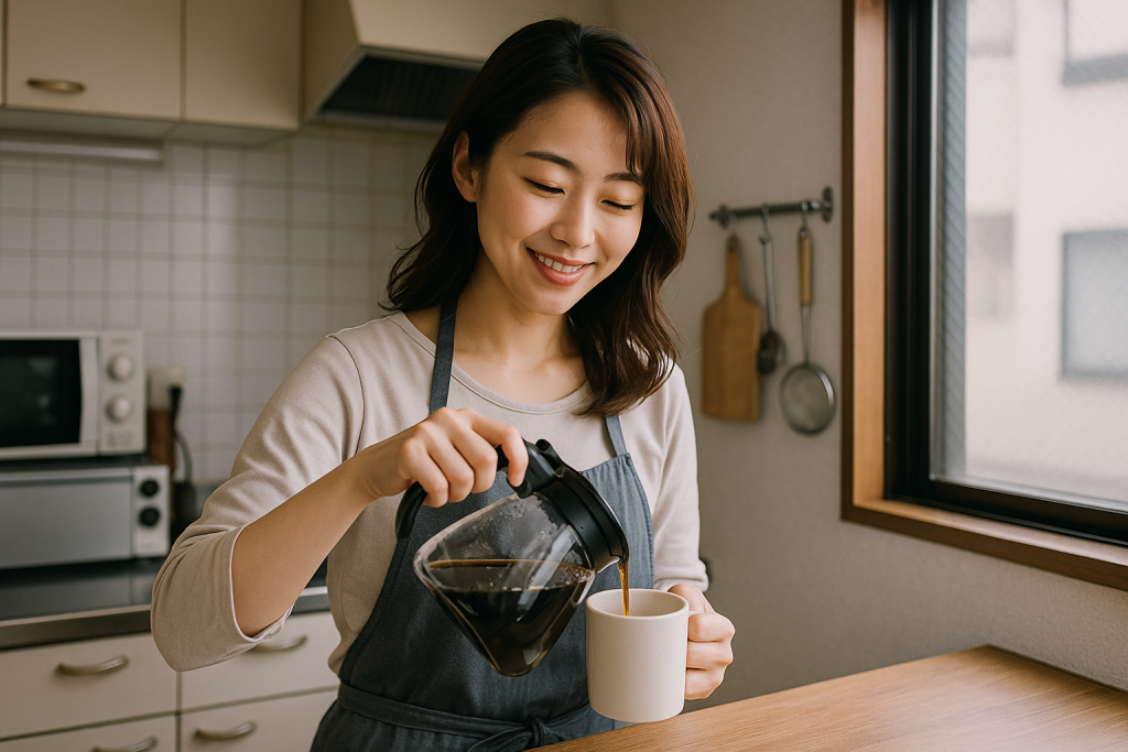 朝、築10年アパートのキッチンでコーヒーを淹れながら小さく微笑む20代日本人女性。前向きで安心感のある表情。